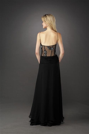 black evening gown with see through sides and back