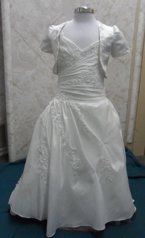 Miniature wedding dress with lace cap sleeves, ruched bodice with matching jacket