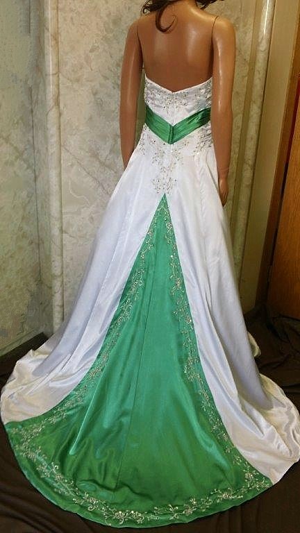 Green and white silk wedding gown