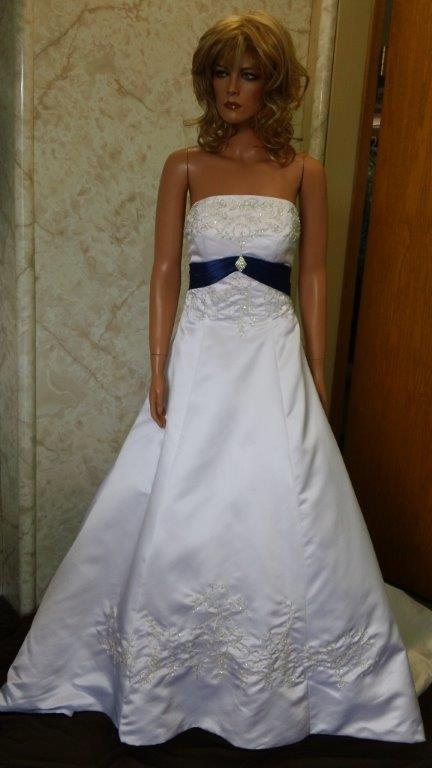White wedding dress with bright blue train