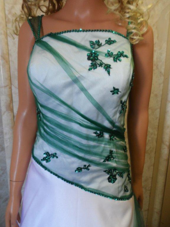white wedding dress with emerald green organza overlay