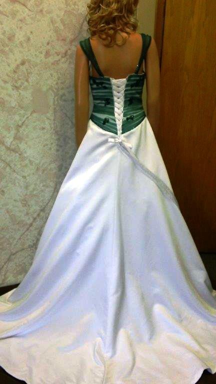 white and emerald green wedding dress