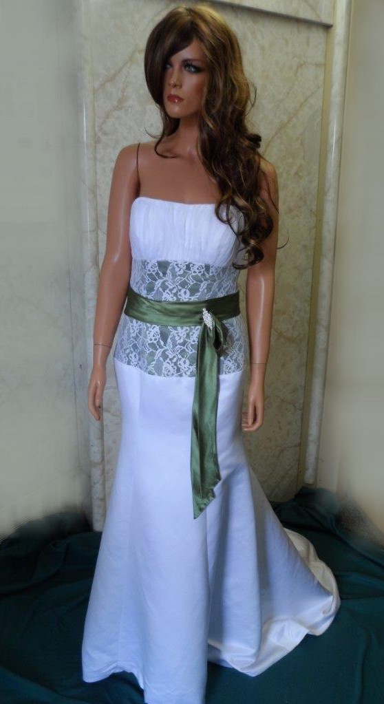 White strapless wedding gown with deep olive green 