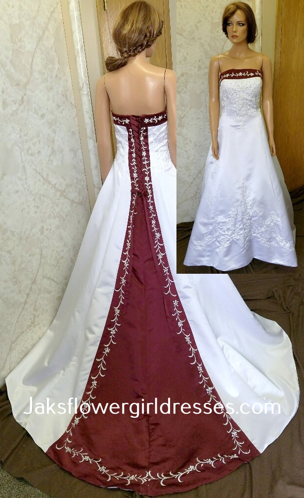 white and merlot wedding dress