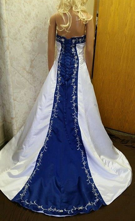 white bright blue wedding dress
