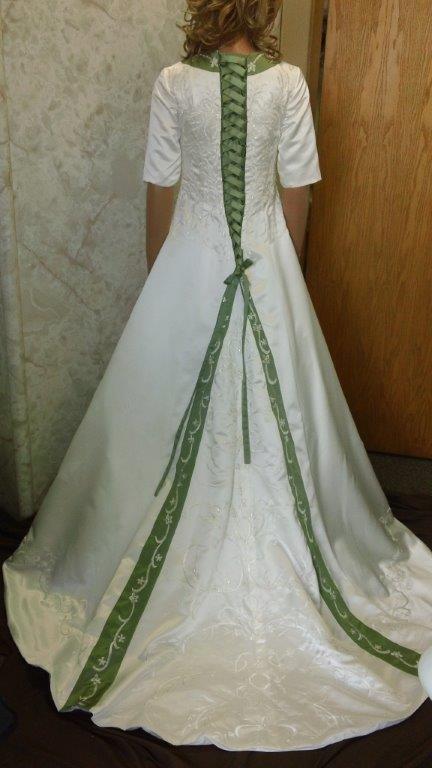 Ivory dress with sage green trim