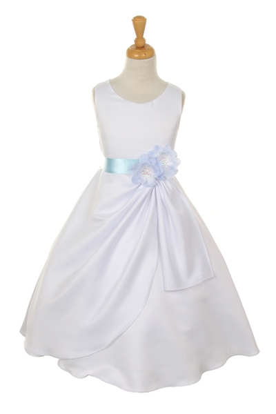 ivory dress with baby blue flower sash