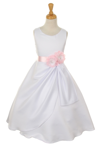 white dress with pink flower sash