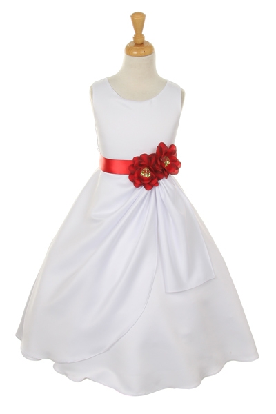 white dress with red flower sash