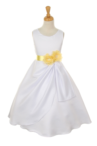 White flower girl dress with yellow colored sash