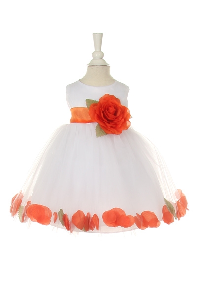 white  baby flower girl dress with orange petals and sash