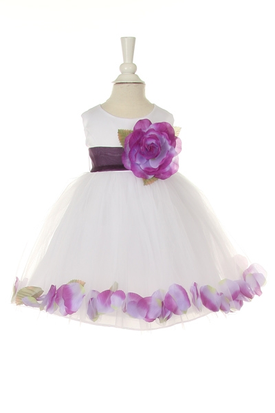 white  baby flower girl dress with plum petals and sash