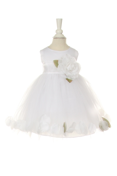 white  baby flower girl dress with petals and sash