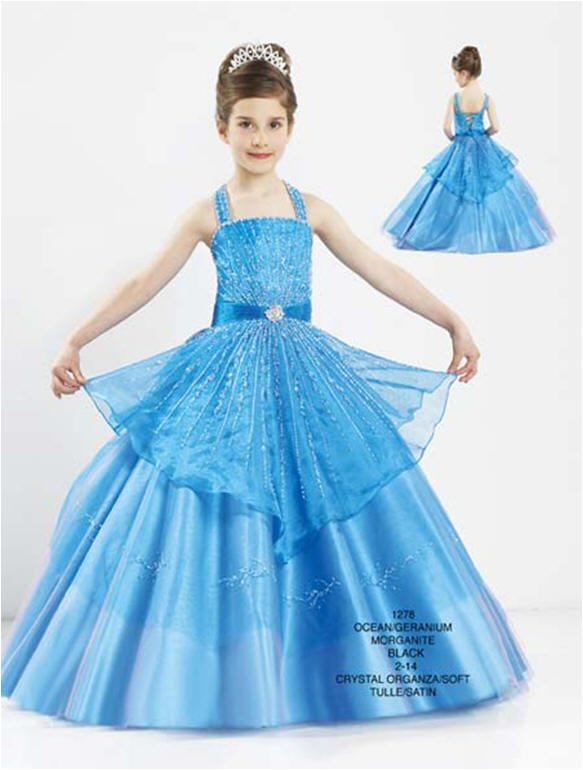 Blue beaded taffeta pageant ball gown