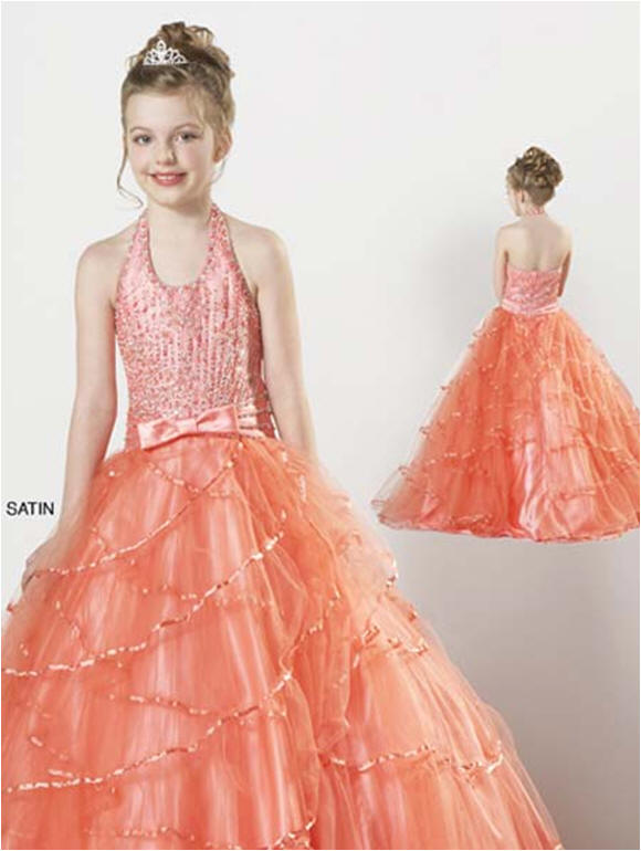 little girls orange halter ball gown pageant dress