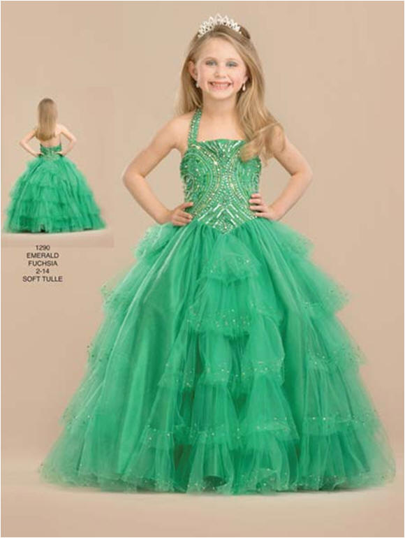 tiered green halter pageant dress
