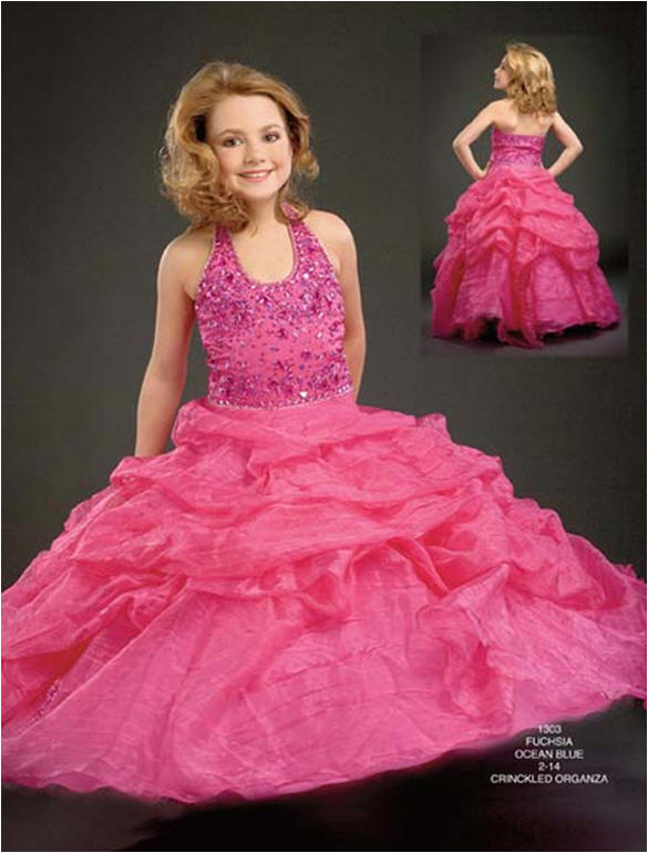Pink crinkled organza pageant gown