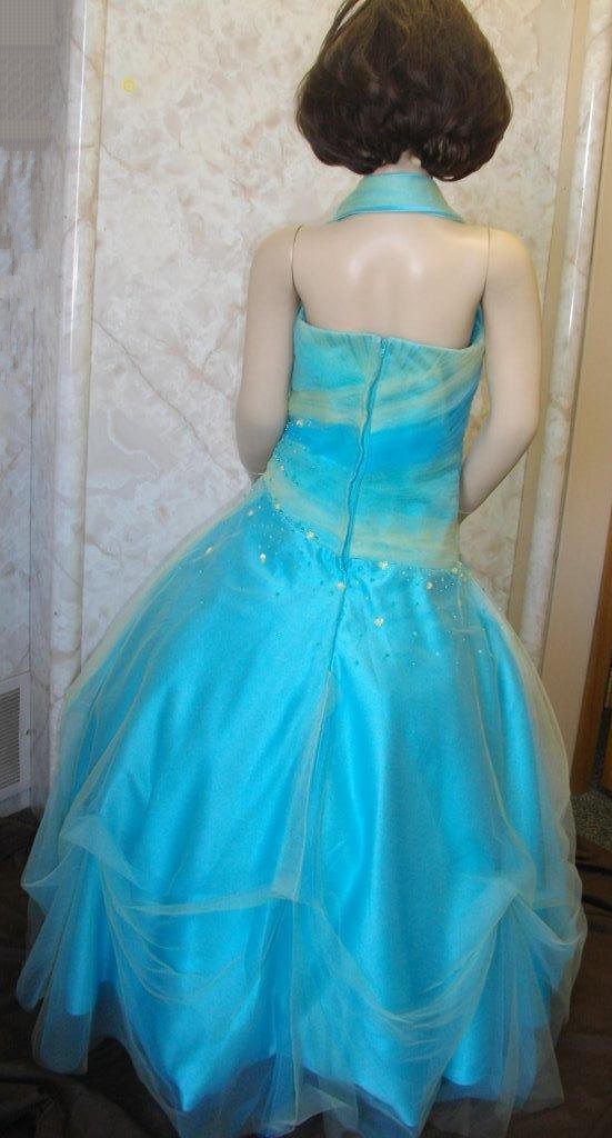 halter pageant dress in blue and green