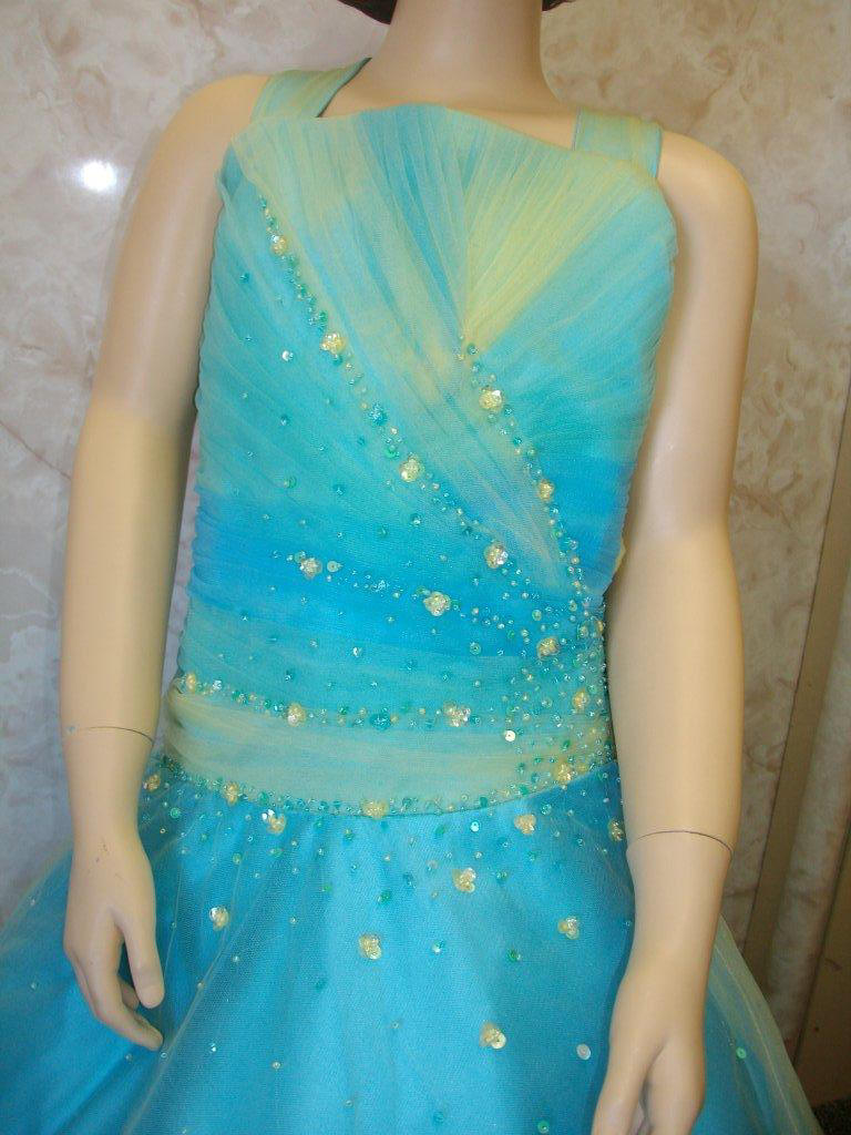 halter pageant dress in blue and green