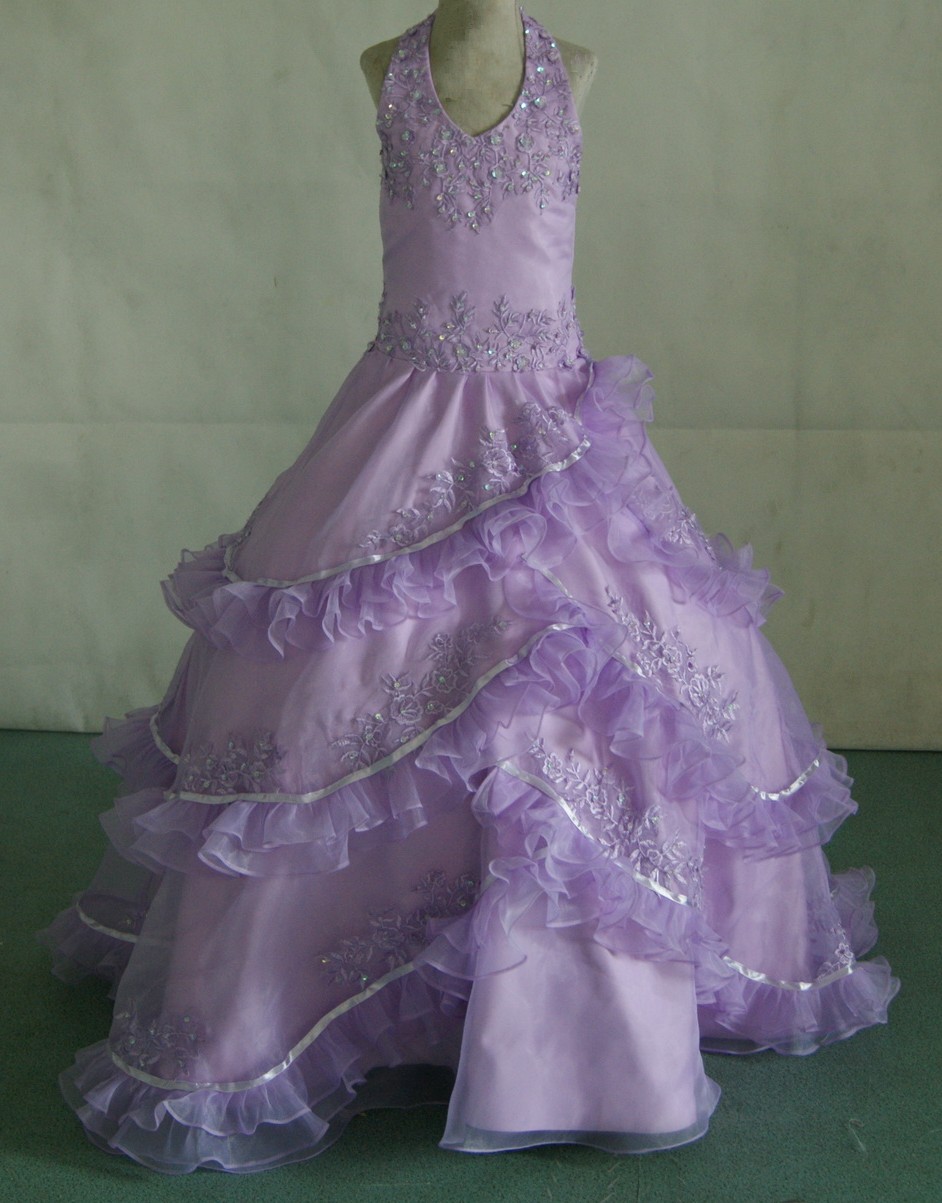 Lilac halter pageant dress with layered ruffles