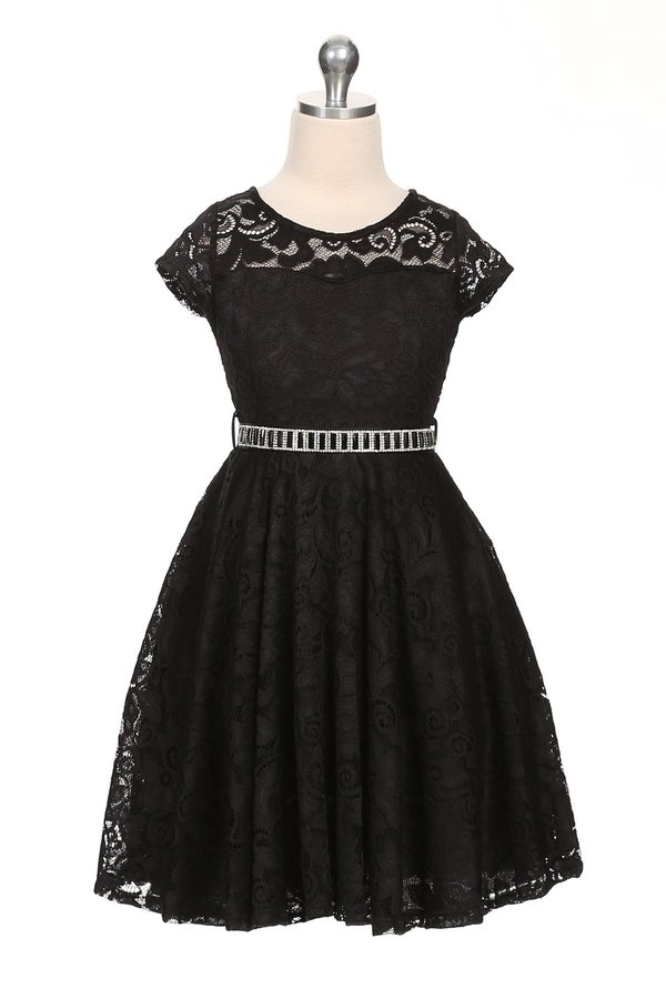 Lace skater dress with stone belt.  Cap sleeve floral lace dress with stone belt.