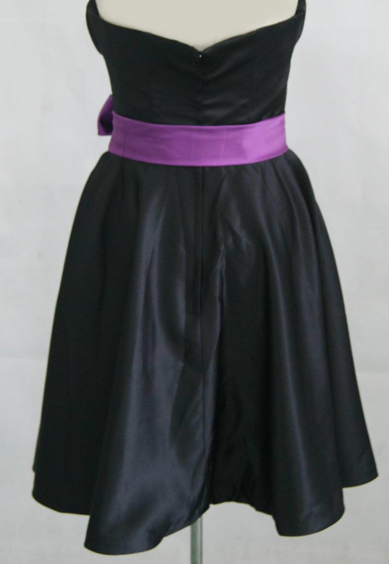 short black bridesmaid dress with purple sash