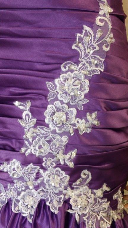 purple white wedding gown