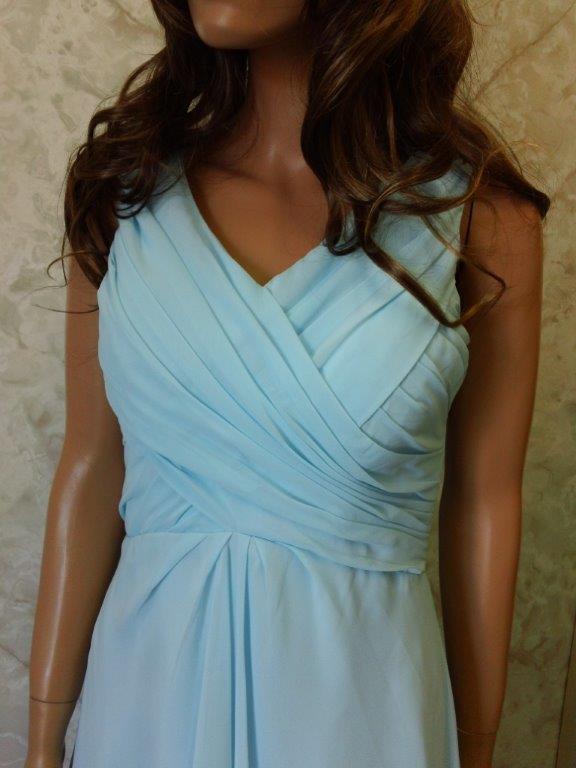Short ice blue chiffon wrapped bodice bridesmaid gown