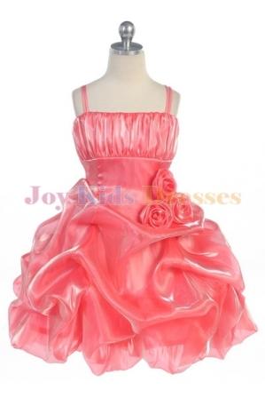 Short coral Flower Girl Dress with double spaghetti strap ruched bodice, triple roses on waistline.