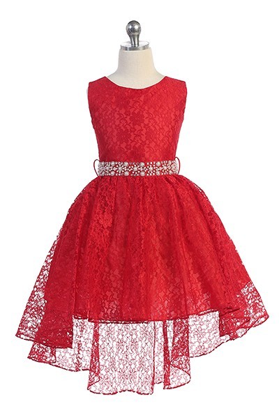 Hi-low allover red lace dress with a voluminous skirt and detachable rhinestone belt at waist.