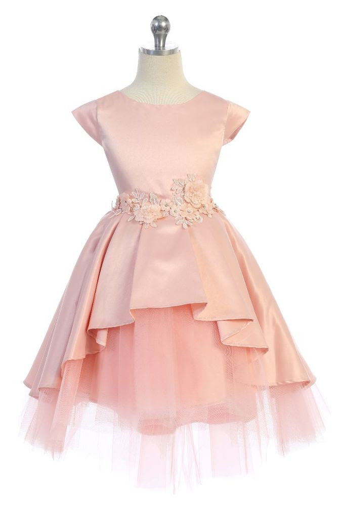 Cap sleeve dress with high low peplum and tiered tulle underlay.  