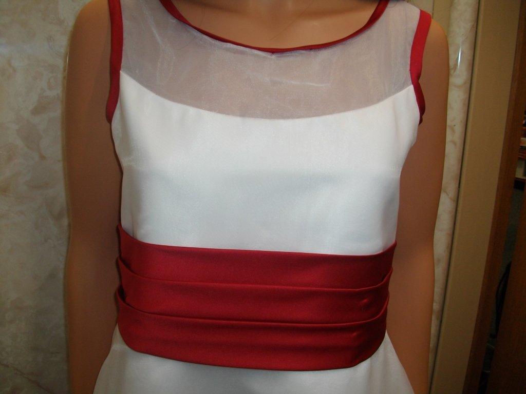 illusion bodice dress in white with apple red trim