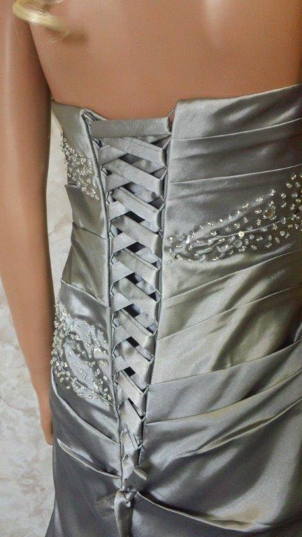 silver strapless fish tail prom dress