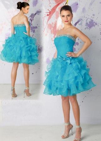 blue strapless short layered prom dress
