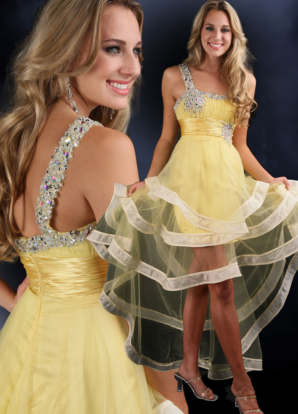 yellow High low prom dress with sheer skirt