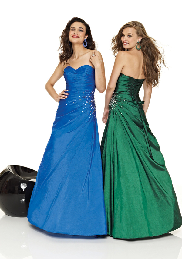 Long strapless ruched prom dress