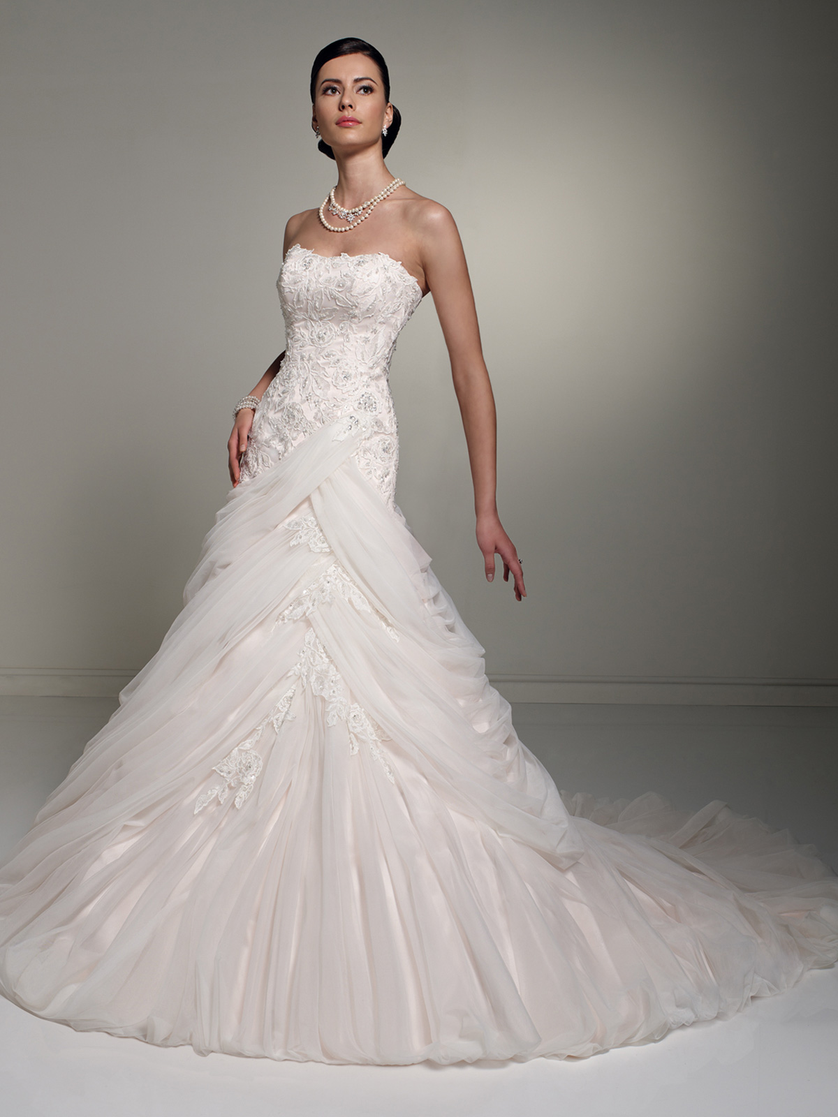 strapless lace wedding dress with draped tulle skirt