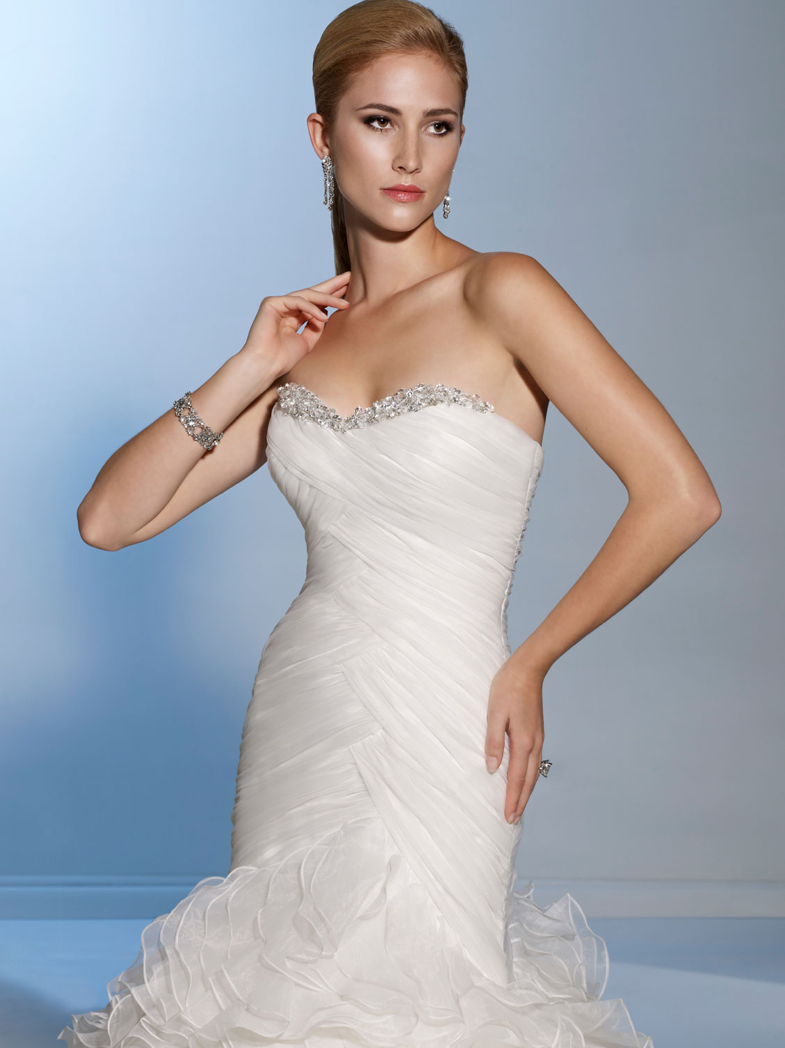 chiffon fit and flare wedding gown