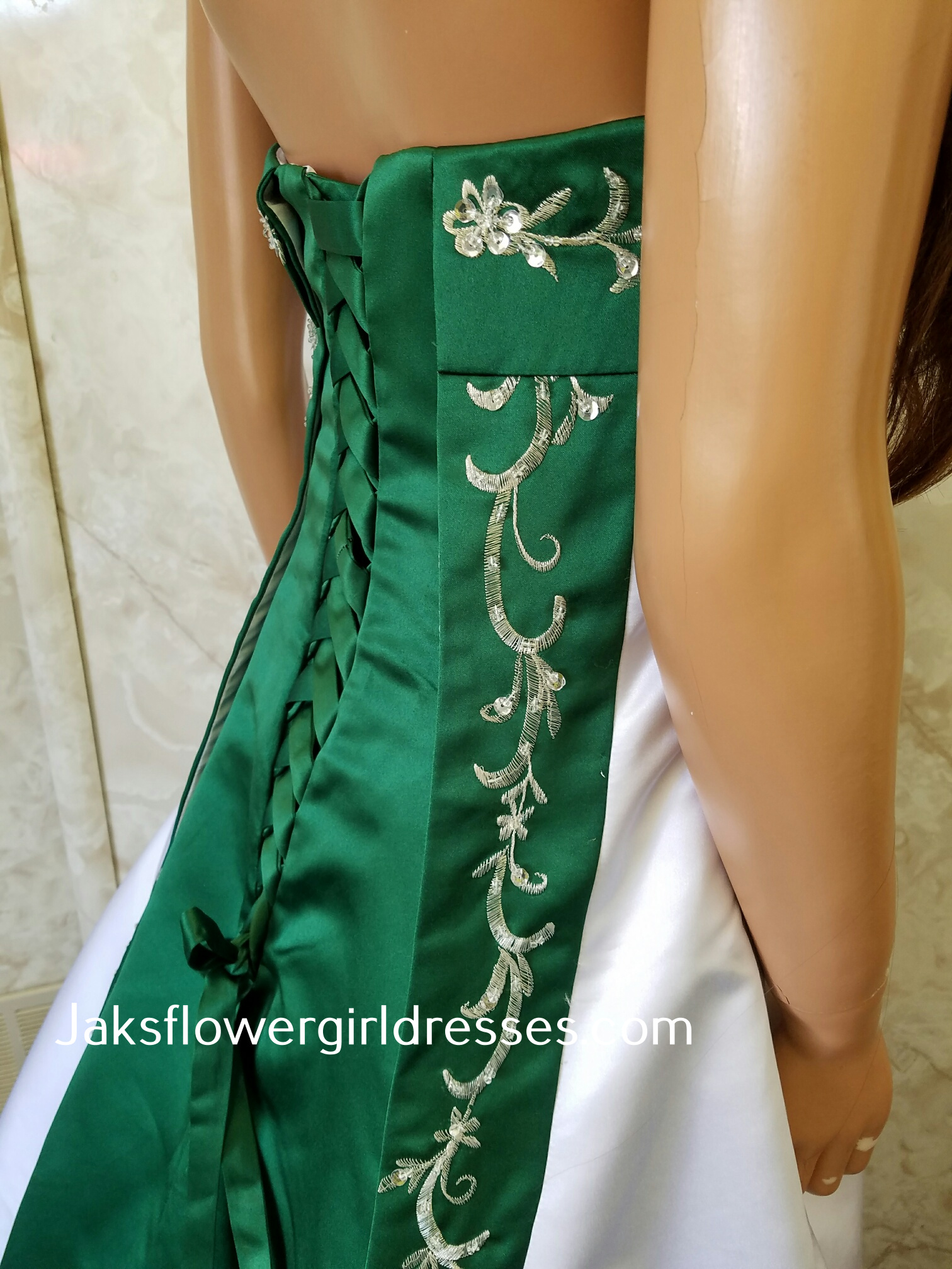 white emerald green wedding dress
