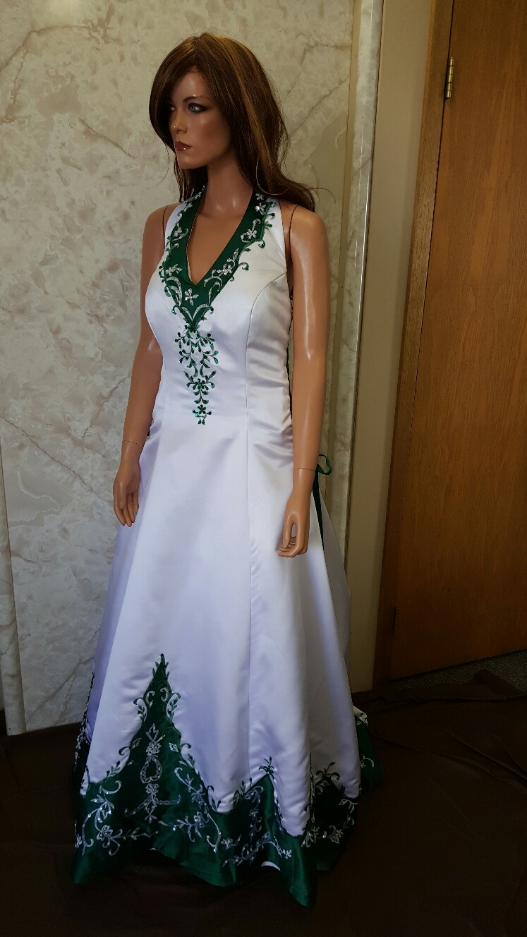 white and emerald green side corset wedding gown