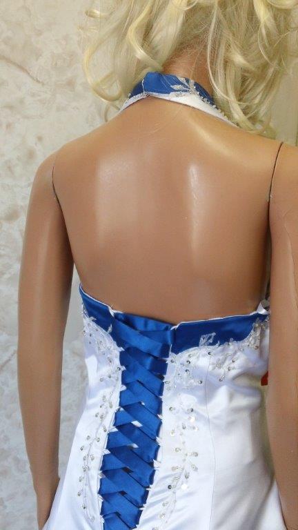 white and royal blue wedding dress