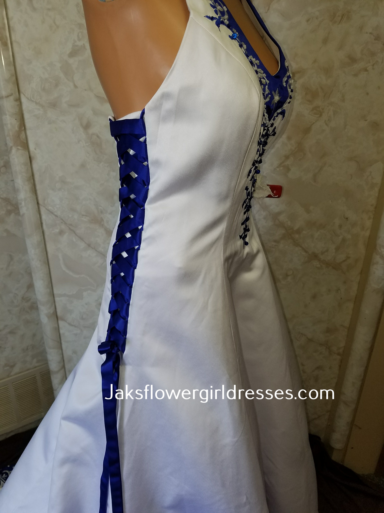 white wedding dress with royal blue