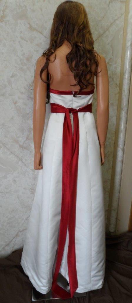 Long ivory bridesmaid dress with apple red sash