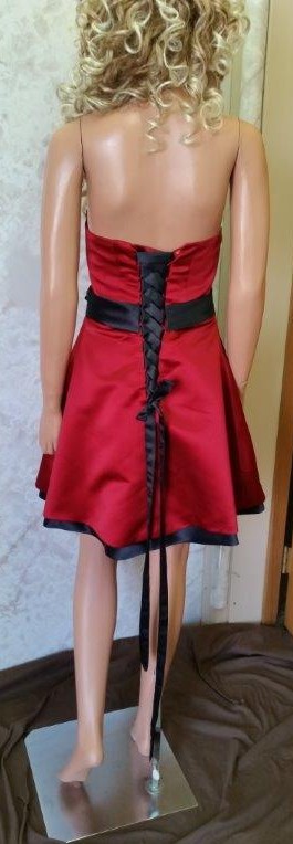 Short apple red bridesmaid dress with black sash