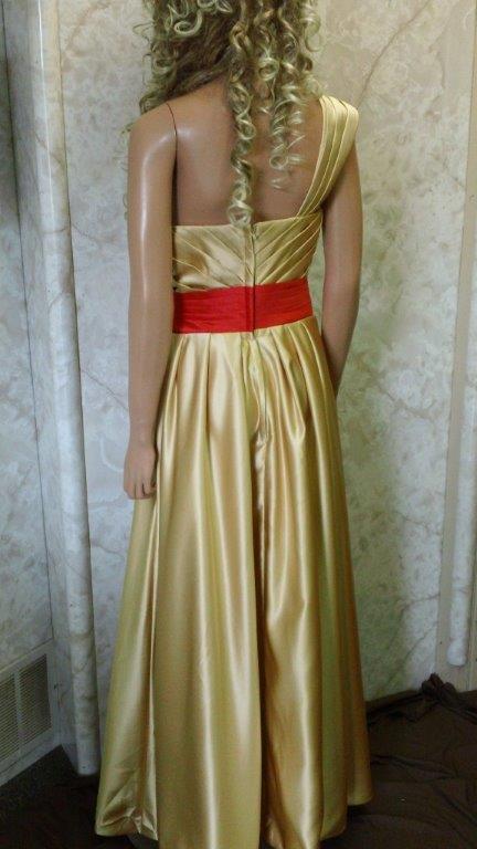 gold bridesmaid dress with red waistband