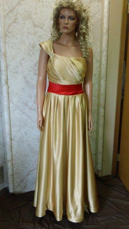 gold bridesmaid dress with red waistband