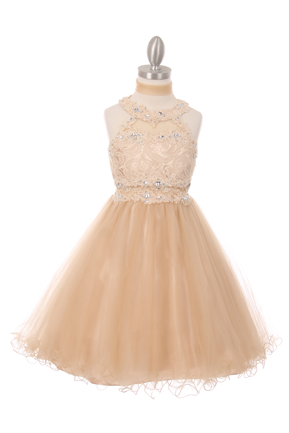 champagne short ruffled halter dress with sheer lace bodice