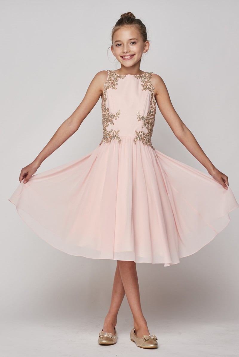 girls blush dress with golden lace