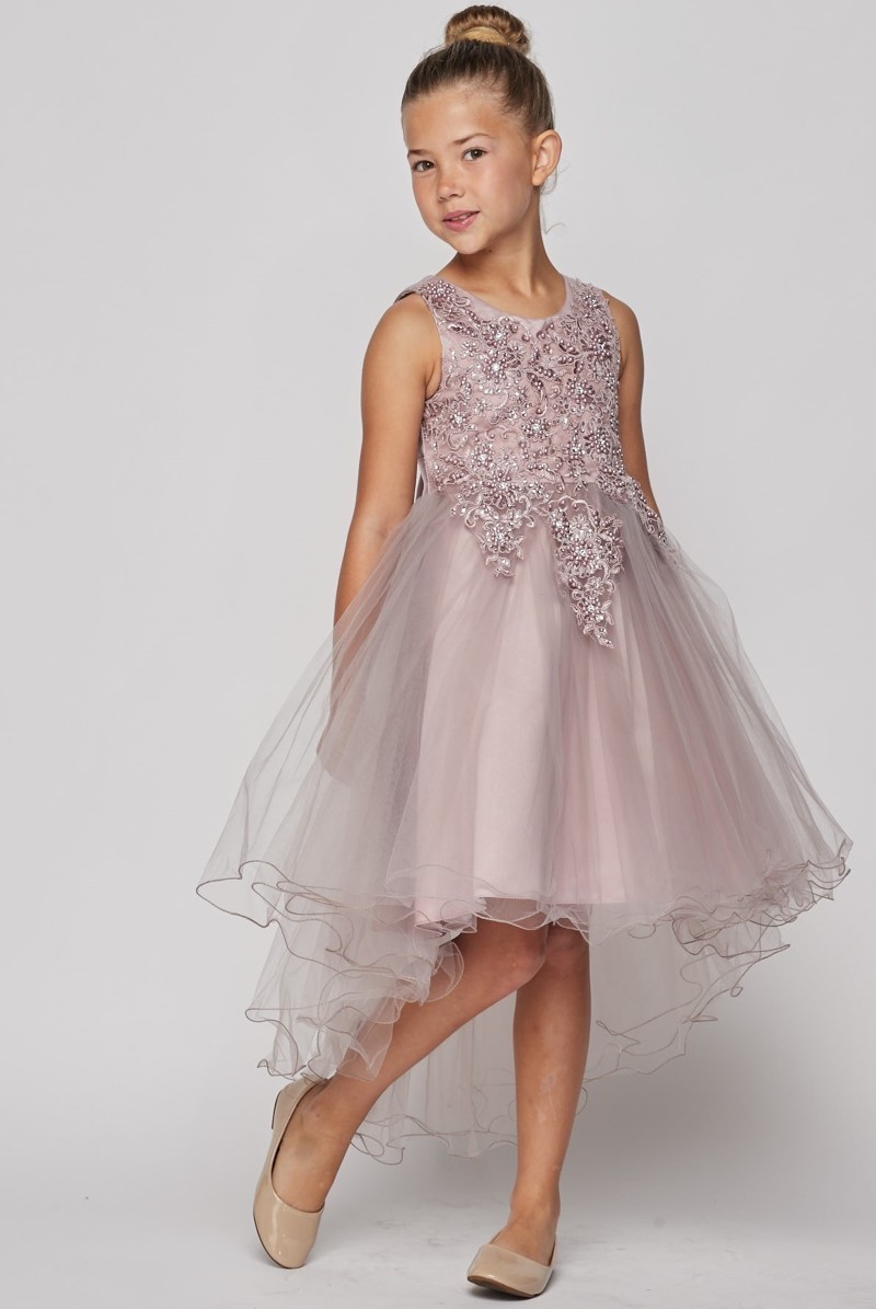 Sleeveless dusty rose tulle and lace dress, with pearls and sparkling rhinestones, and wired hem.