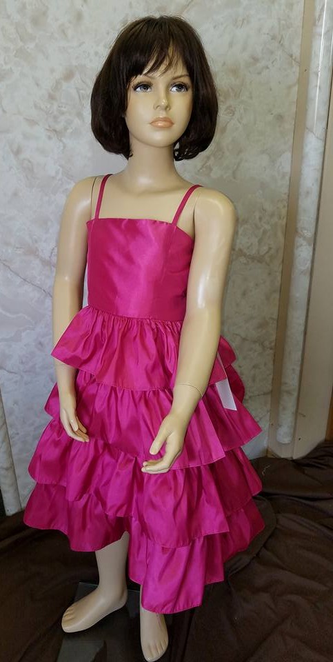 Girls Fuchsia Spaghetti strap dress with square bodice and 4 tiered tea length skirt.  